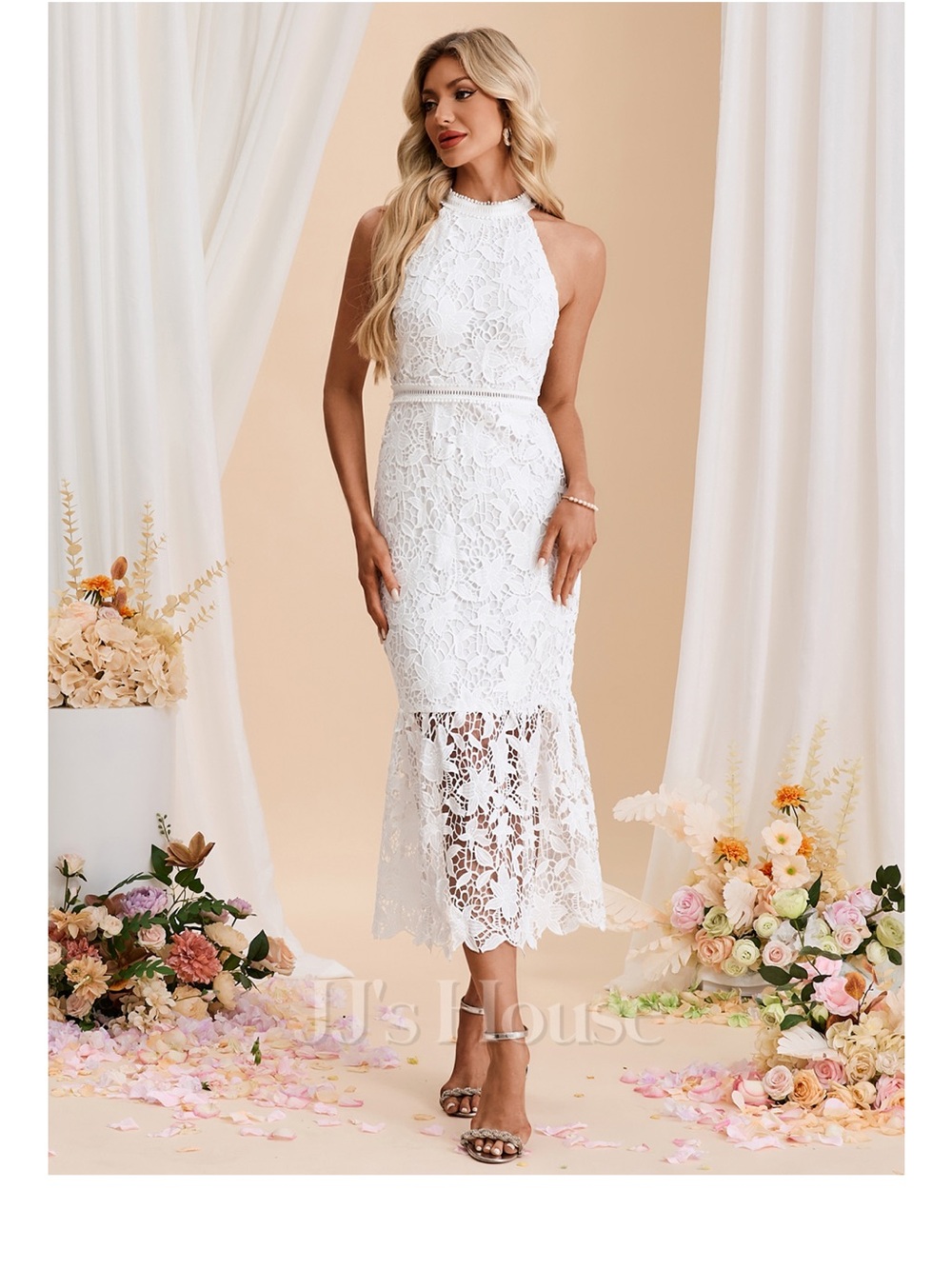 JJs House White Lace Halter Midi Dress